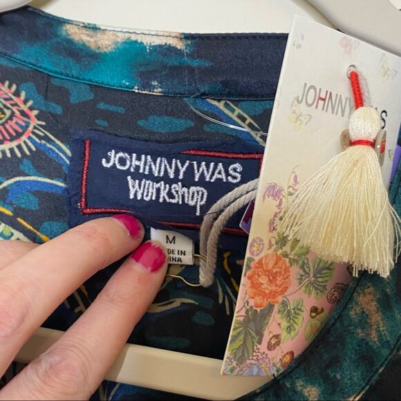 Johnny Was Silk Shirt Button Front Long Sleeve Top Shadow Voyager Tunic Medium - Picture 4 of 8